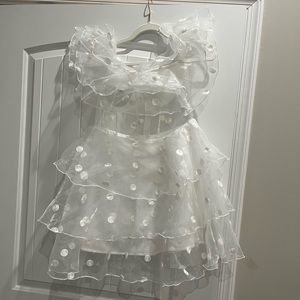 White polka dot off the shoulder dress